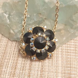 Vintage Lee Aurora Borealis rhinestones black crystal goldtone necklace …